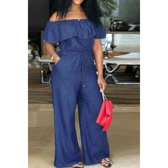 Women's Dark Blue Denim Jean Off Shoulder Wide Leg Pants Jumpsuit XL - Picture 1 of 2